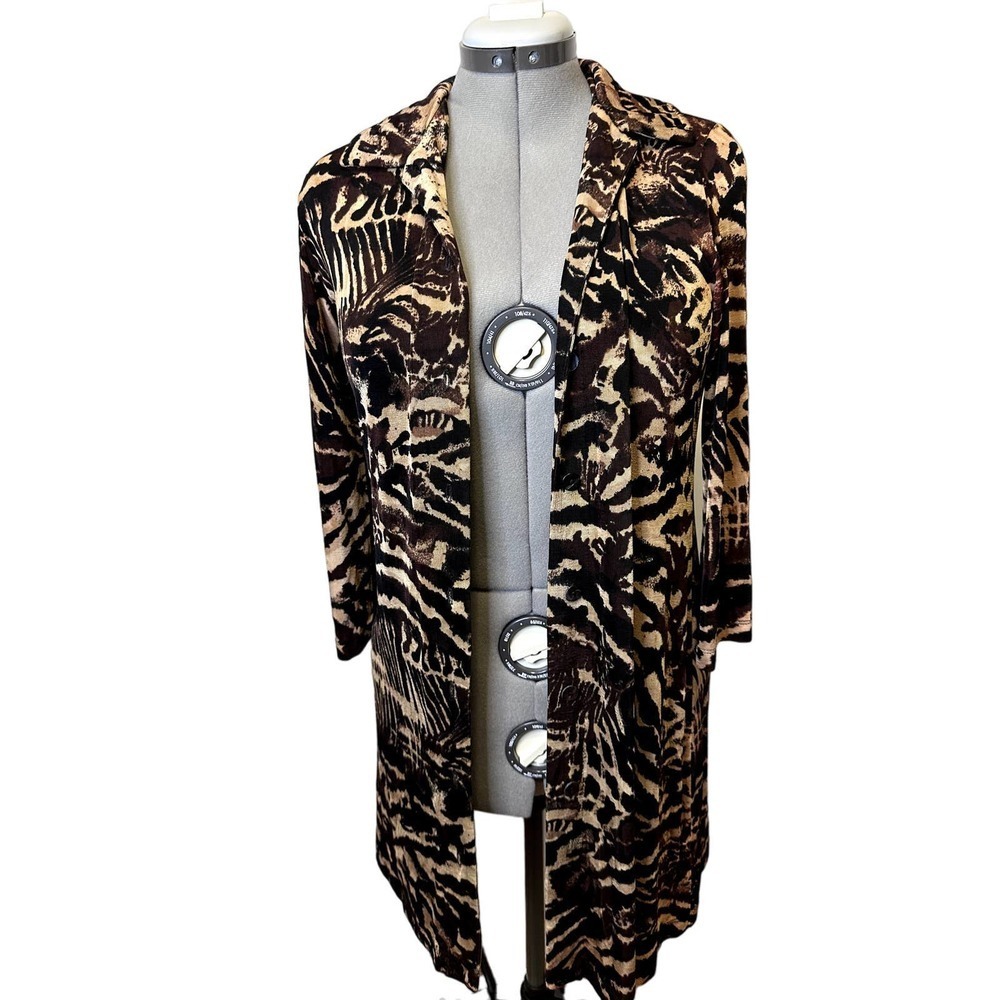Chico's Traveler Liquid Knit Animal Print Slinky Button Up Duster/Dress, Sz M/8
